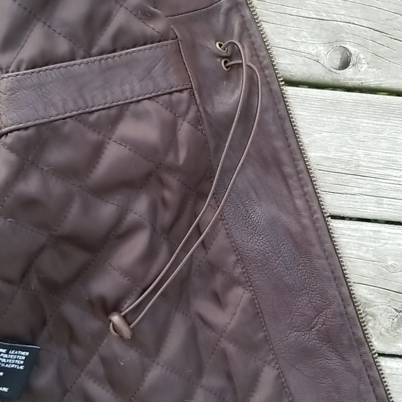 Michael Michael Kors Brown Leather Jacket quilted lining Drawstring waist - Picture 11 of 12